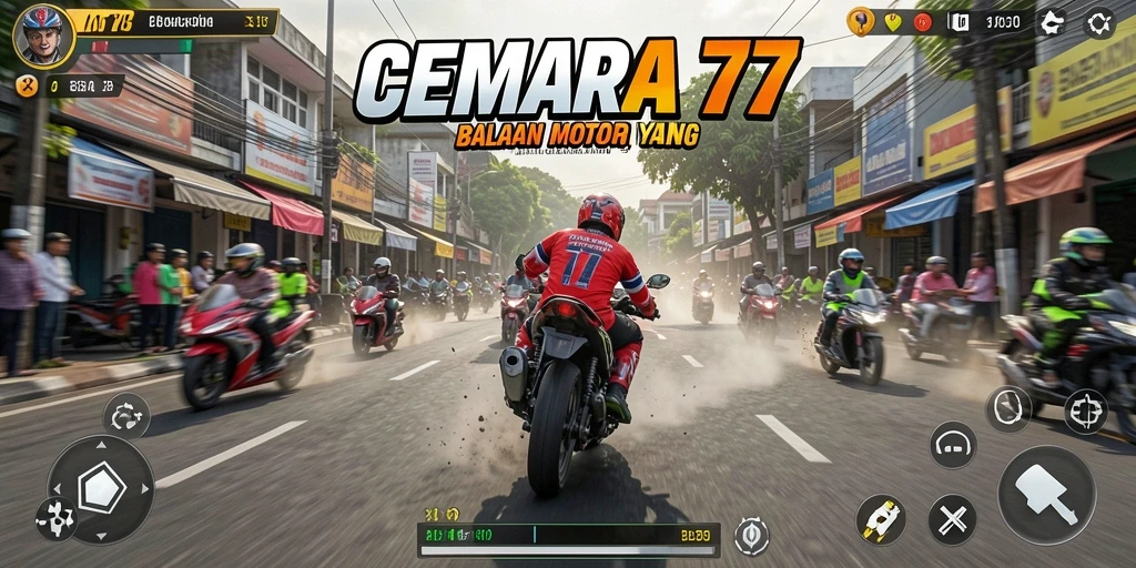 Screenshot menampilkan gameplay seru CEMARA77 saat balapan motor.