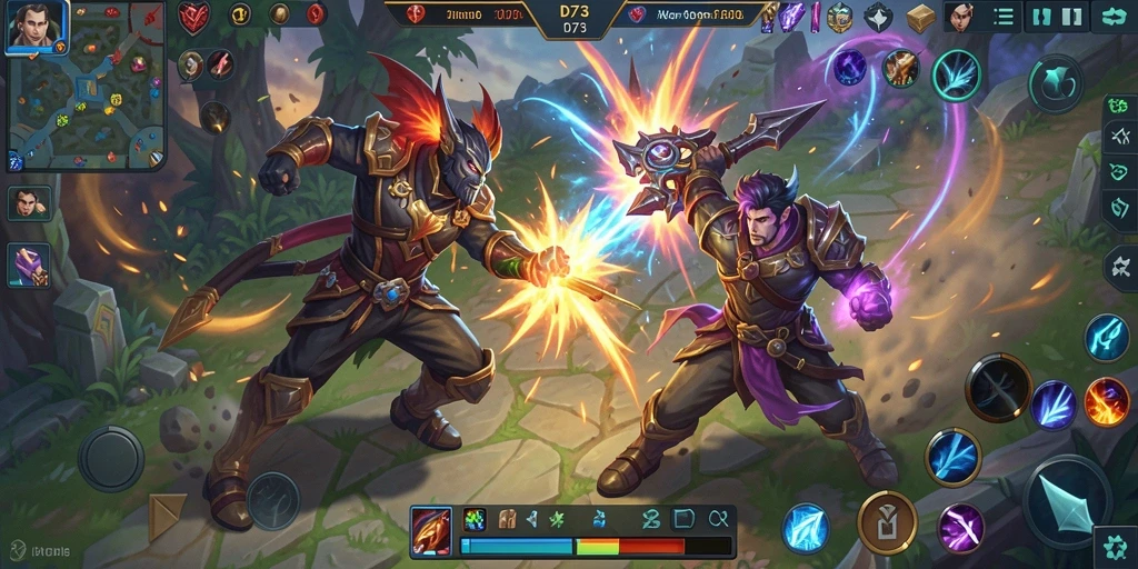 Screenshot D73 menampilkan aksi pertarungan epik dalam game MOBA.