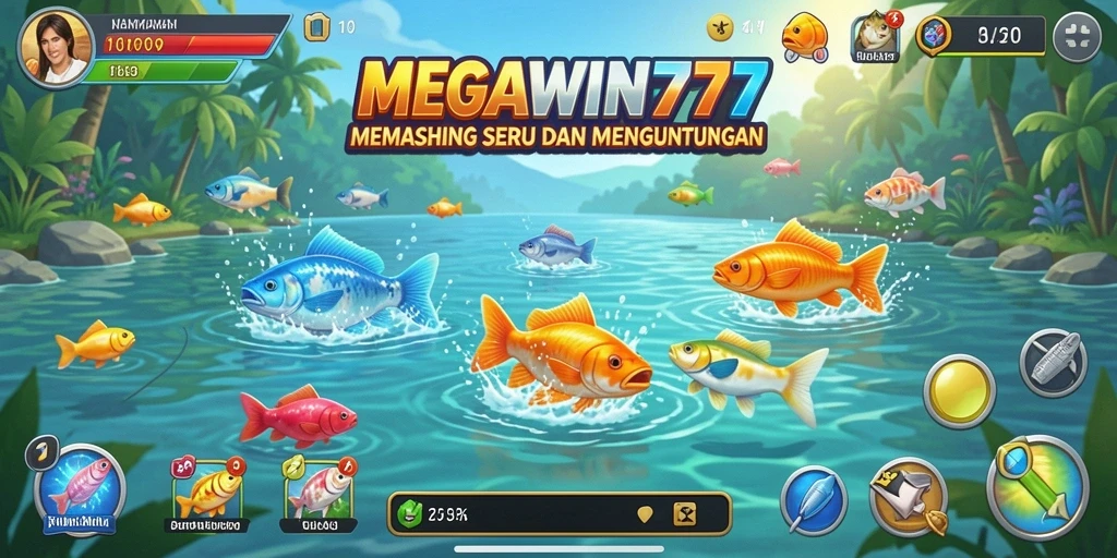 Screenshot gameplay <strong>MEGAWIN777</strong> menampilkan aksi memancing yang seru dan grafis menawan.