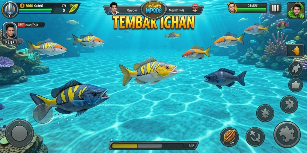 Tampilan gameplay MPO08 menembak ikan yang penuh warna.
