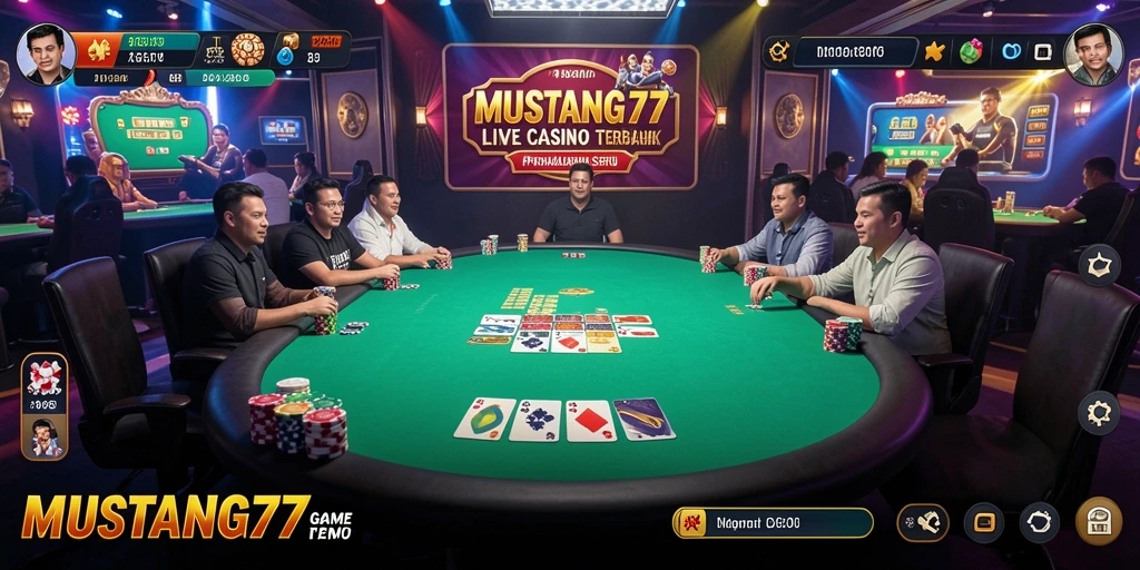 Screenshot gameplay MUSTANG77 yang menampilkan dealer langsung dan suasana kasino.