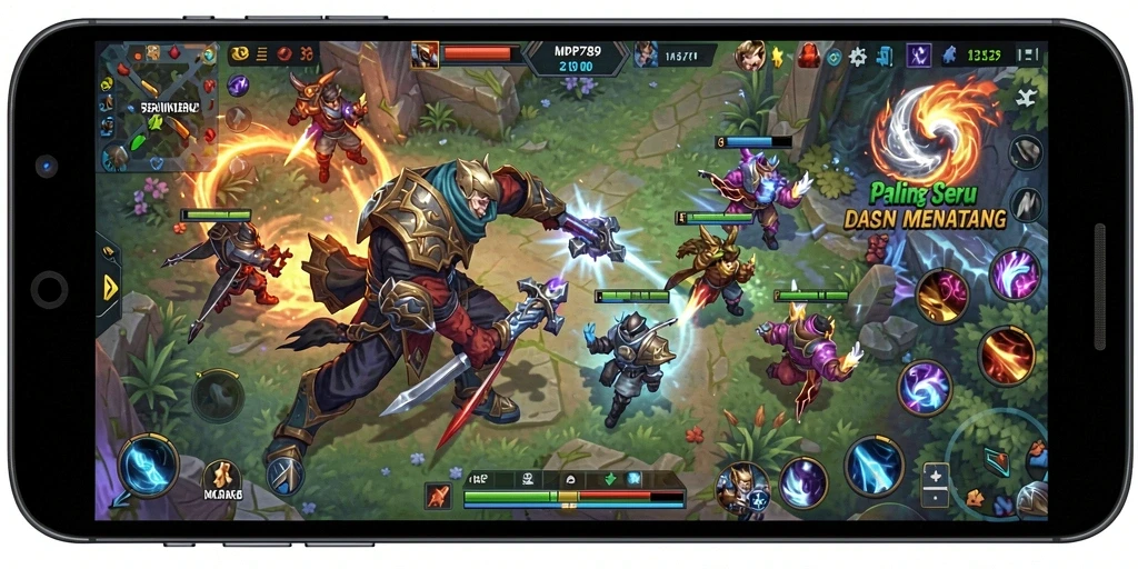 Tangkapan layar memperlihatkan aksi intens dalam permainan MOBA dengan efek visual menakjubkan.