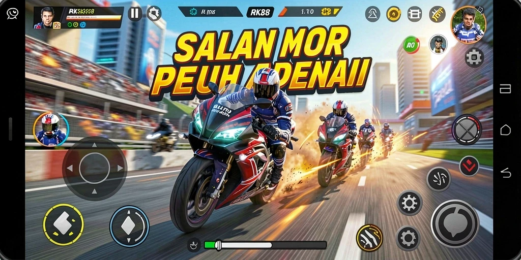 Screenshot gameplay RK88 dengan balapan motor yang seru.