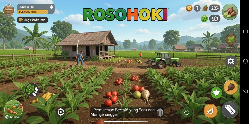 Tampilan permainan <strong>ROSOHOKI</strong> yang menggambarkan suasana pertanian yang hidup.