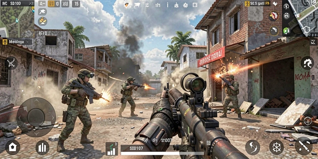 Tangkapan layar permainan FPS menunjukkan aksi mendebarkan di battlefield.