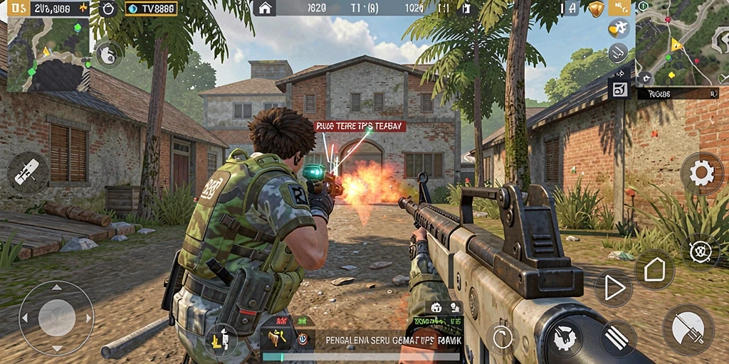 Screenshot utama TV888 menampilkan aksi pertempuran intens dalam gameplay TPS.